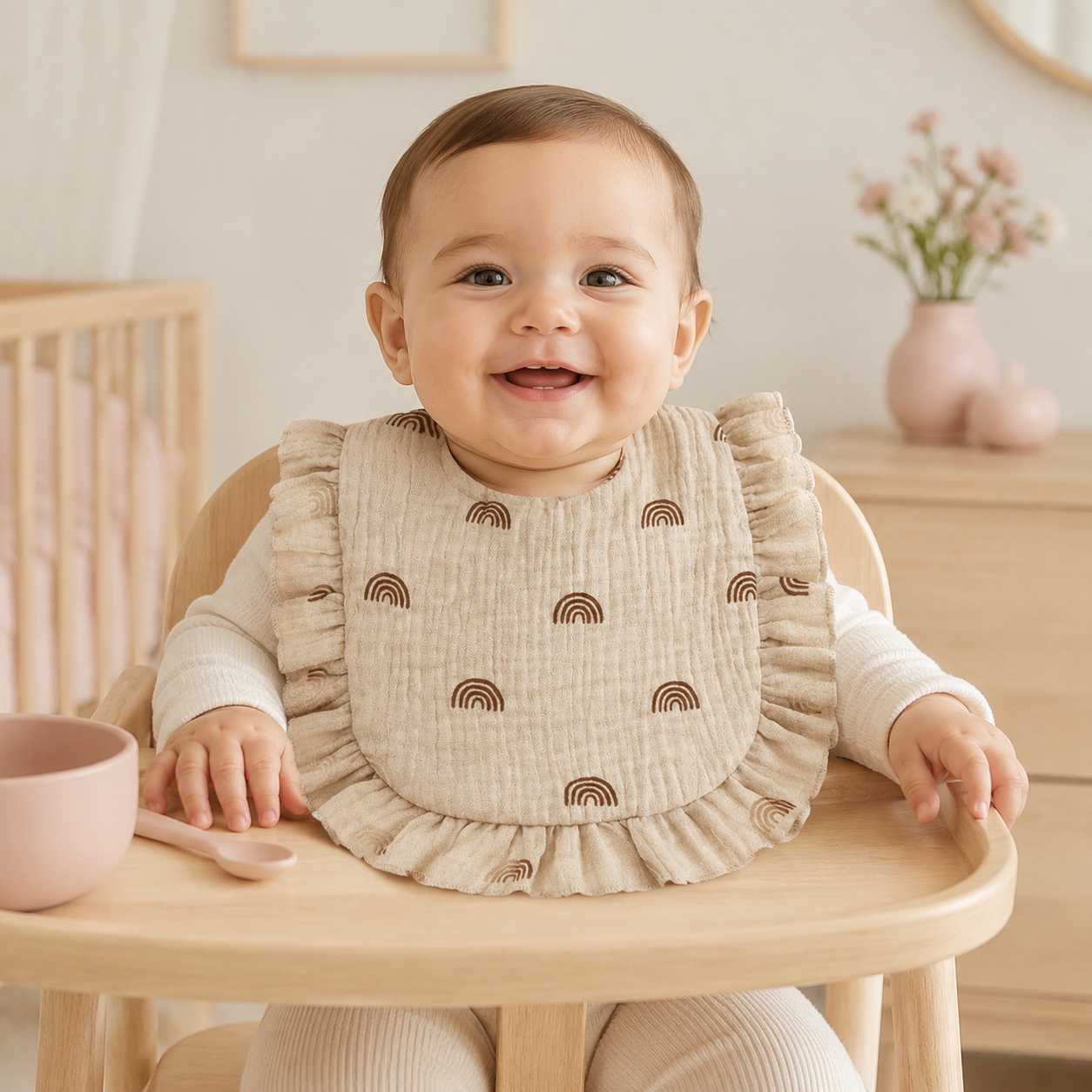 Bébé portant un bavoir à volants motif arcs-en-ciel