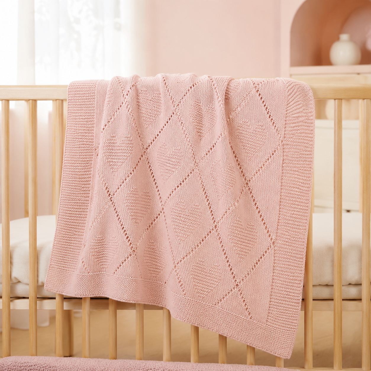 Couverture bébé rose poudré en maille à cœurs dans un lit bébé
