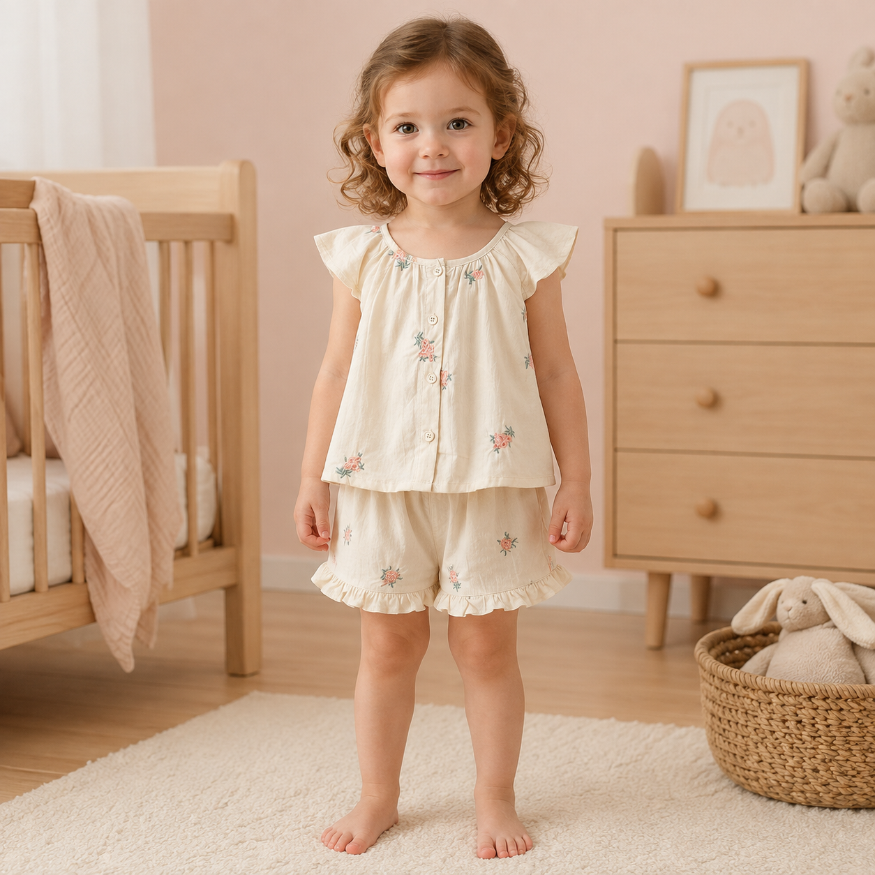 Petite fille portant l’ensemble fleuri ivoire deux pièces