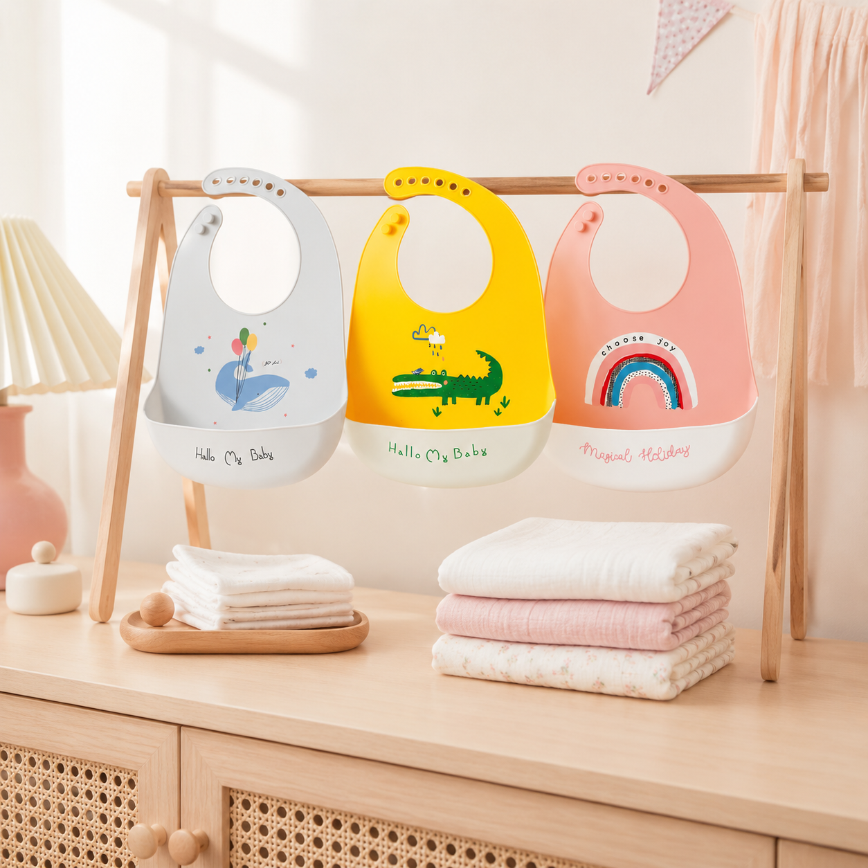Bavoirs bébé en silicone à motifs dans une chambre de bébé