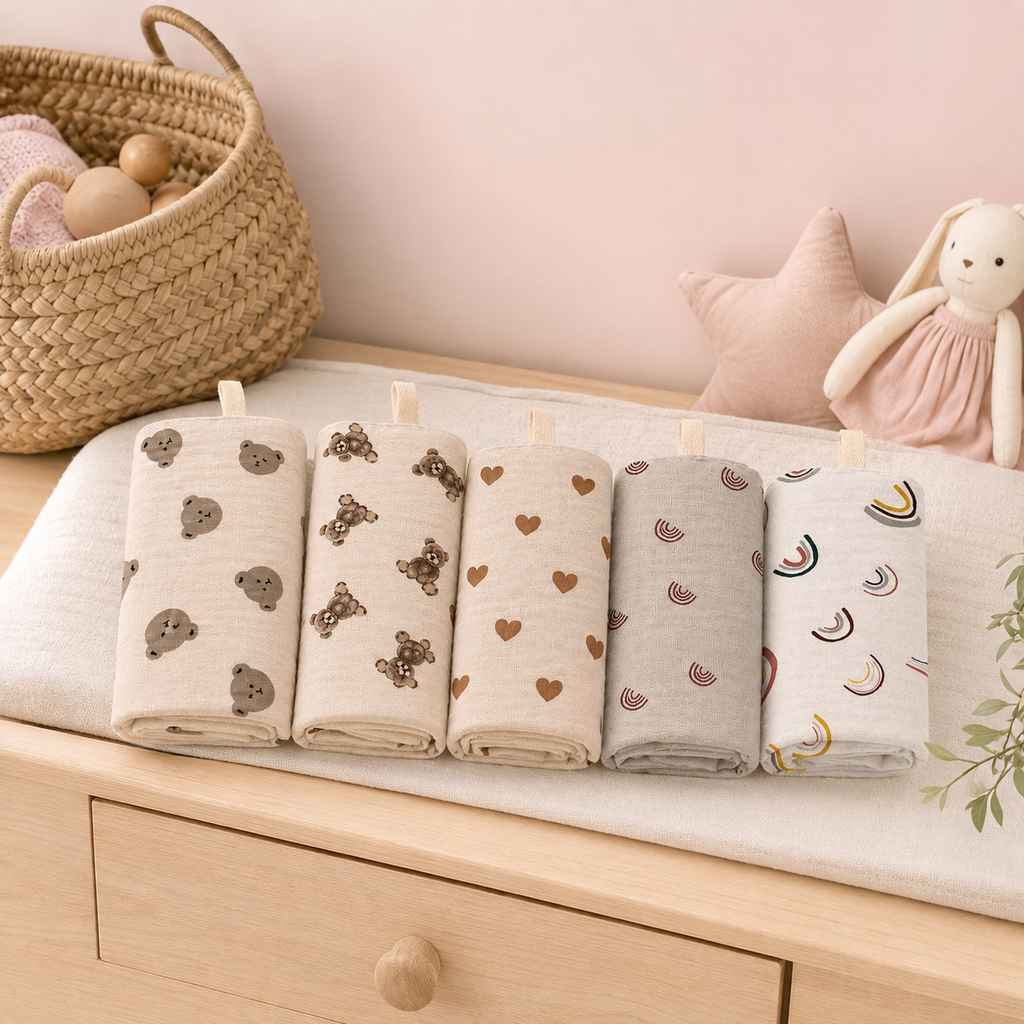 Carrés de toilette bébé assortis dans une chambre de bébé
