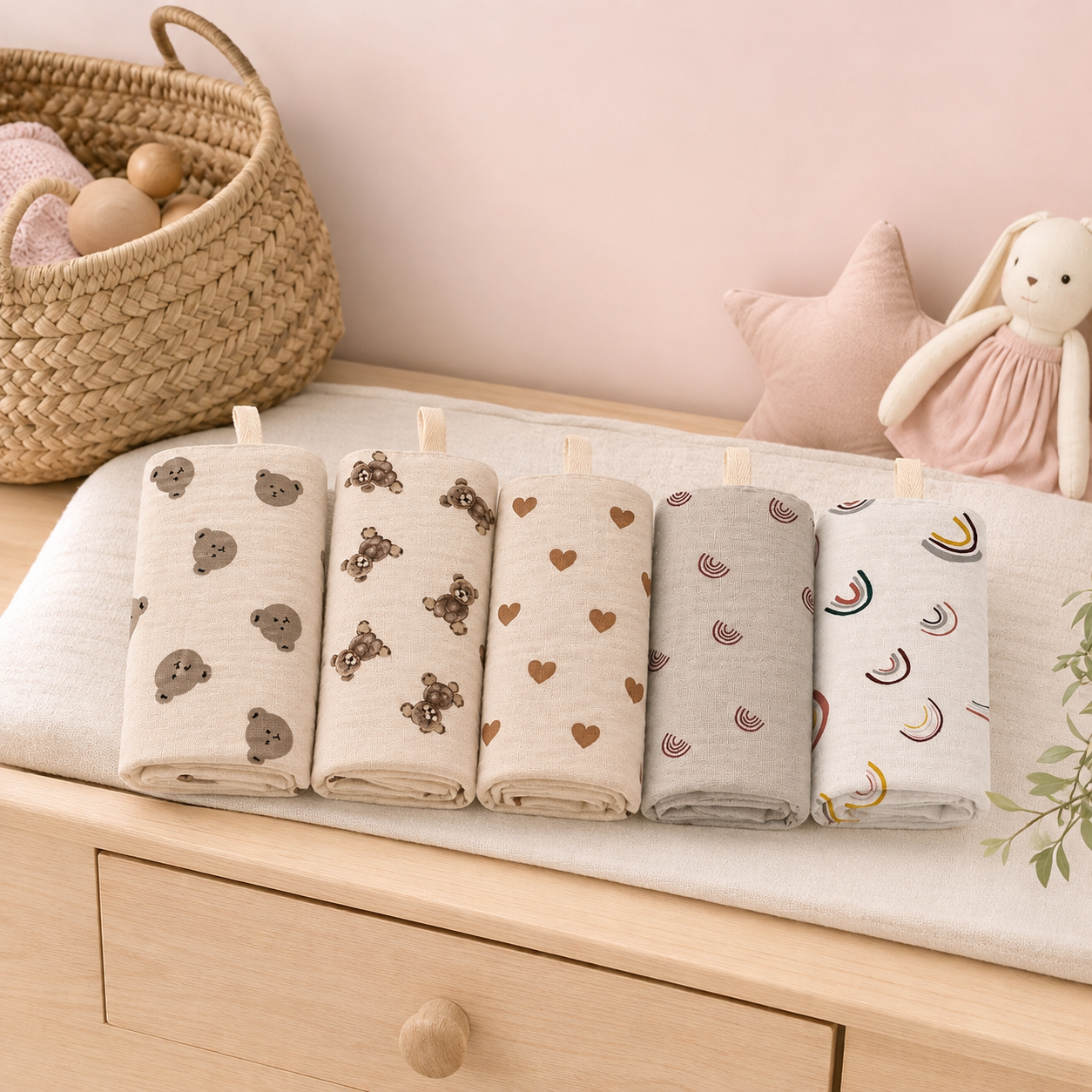 Carrés de toilette bébé assortis dans une chambre de bébé