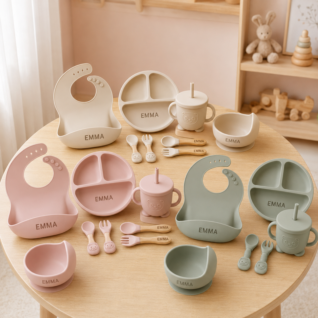 Coffrets repas bébé personnalisés 8 pièces dans une chambre de bébé