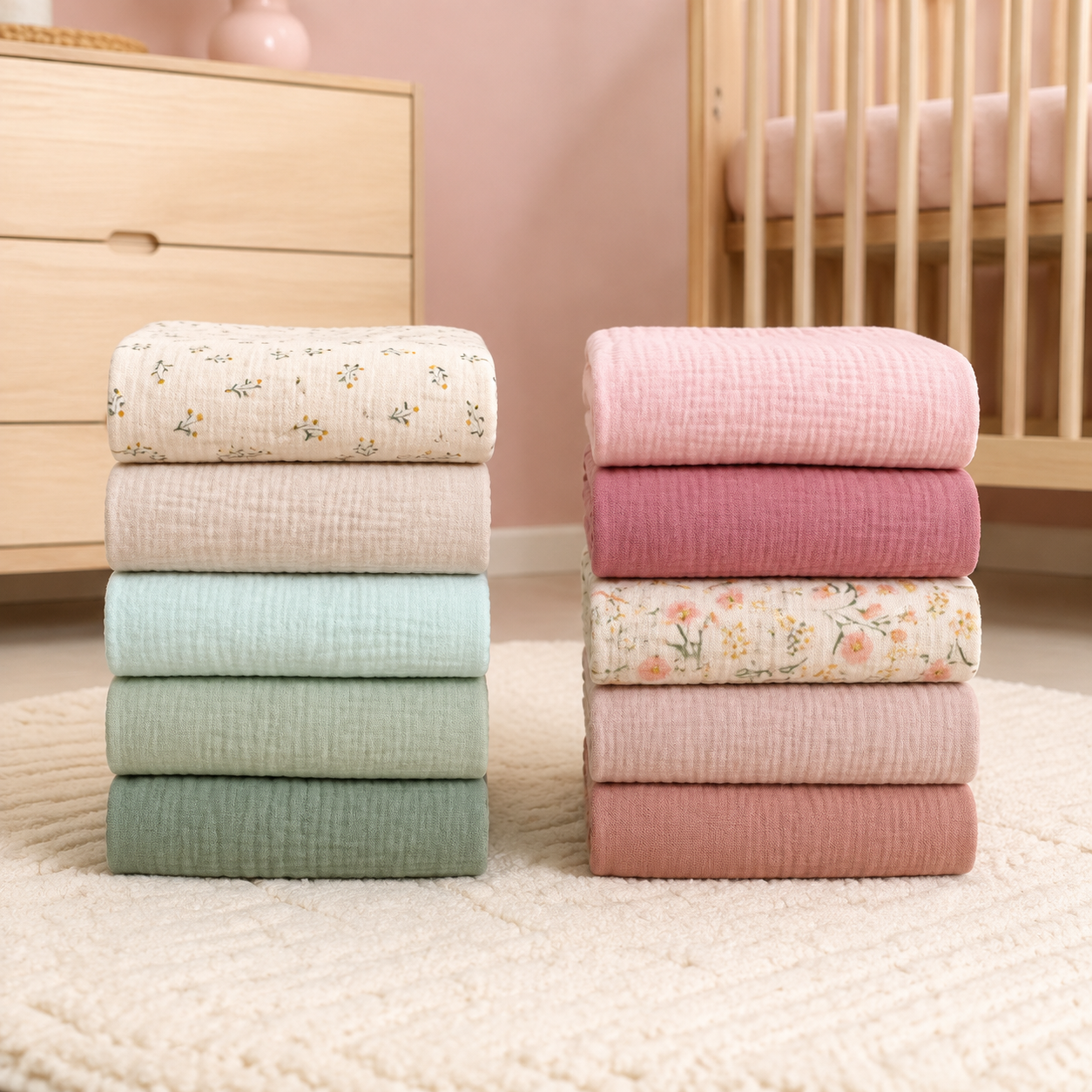 Assortiments de linges bébé en gaze dans une chambre de bébé