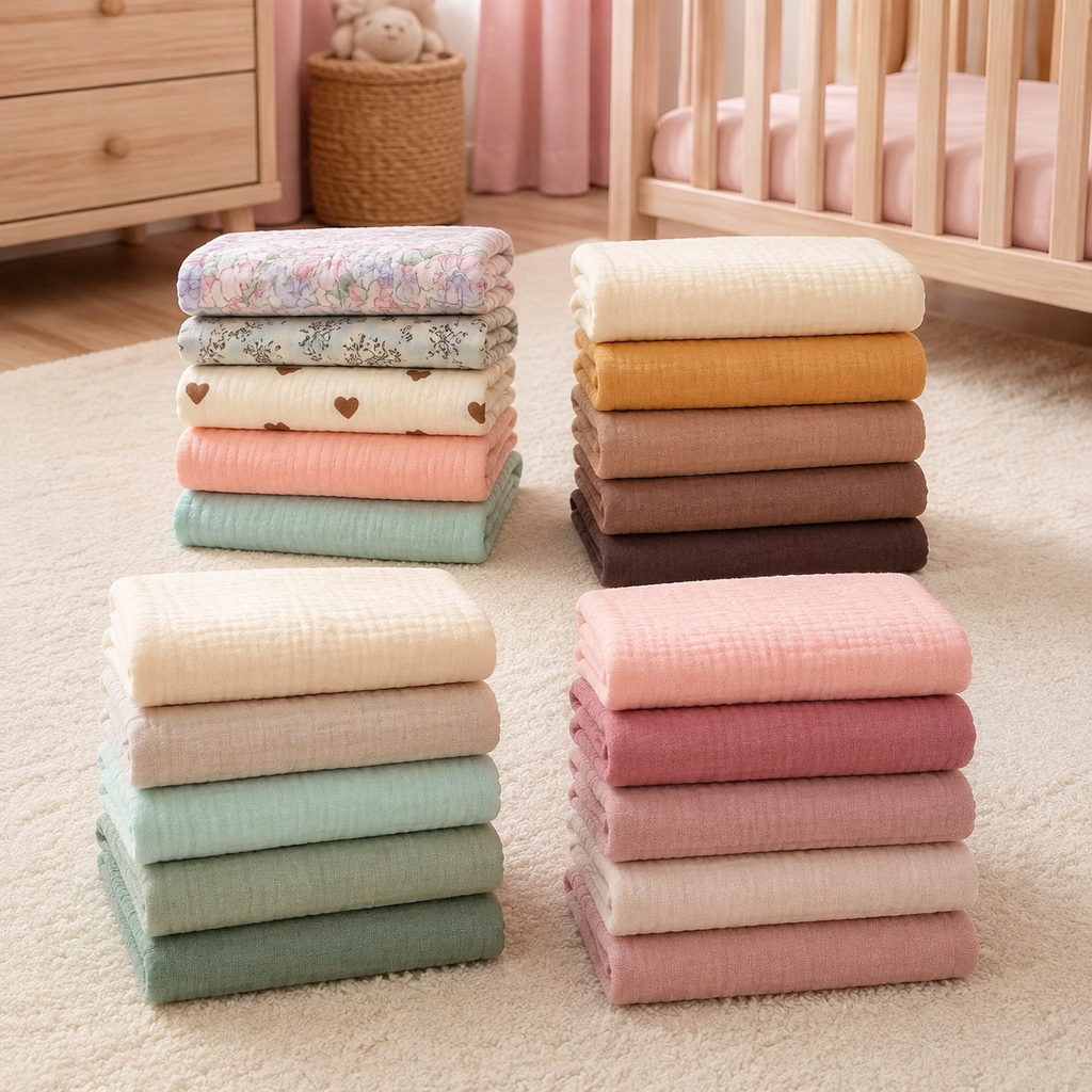 Assortiments de lingettes bébé en gaze de coton dans une chambre bébé