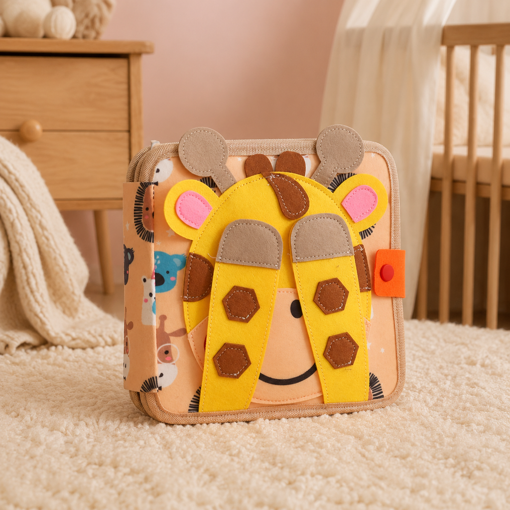Livre d’activités bébé en tissu avec couverture girafe