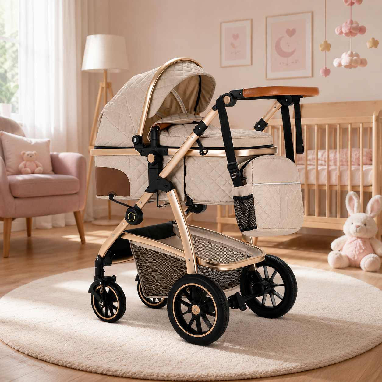 Poussette bébé 3-en-1 beige en configuration nacelle