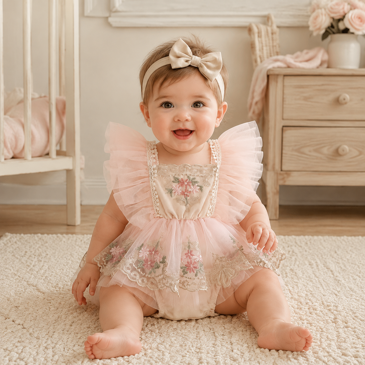 Bébé portant la robe body fleurie en tulle rose