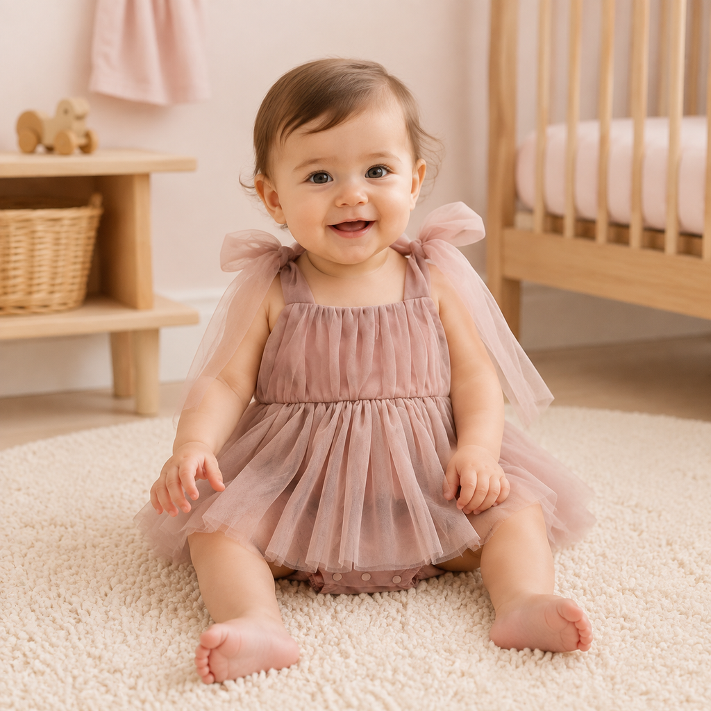 Bébé portant la robe body en tulle rose poudré
