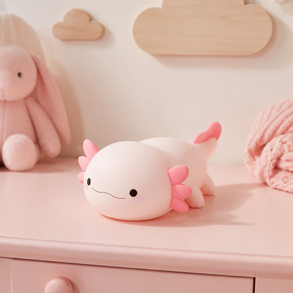 Veilleuse bébé axolotl rose sur une commode de chambre bébé