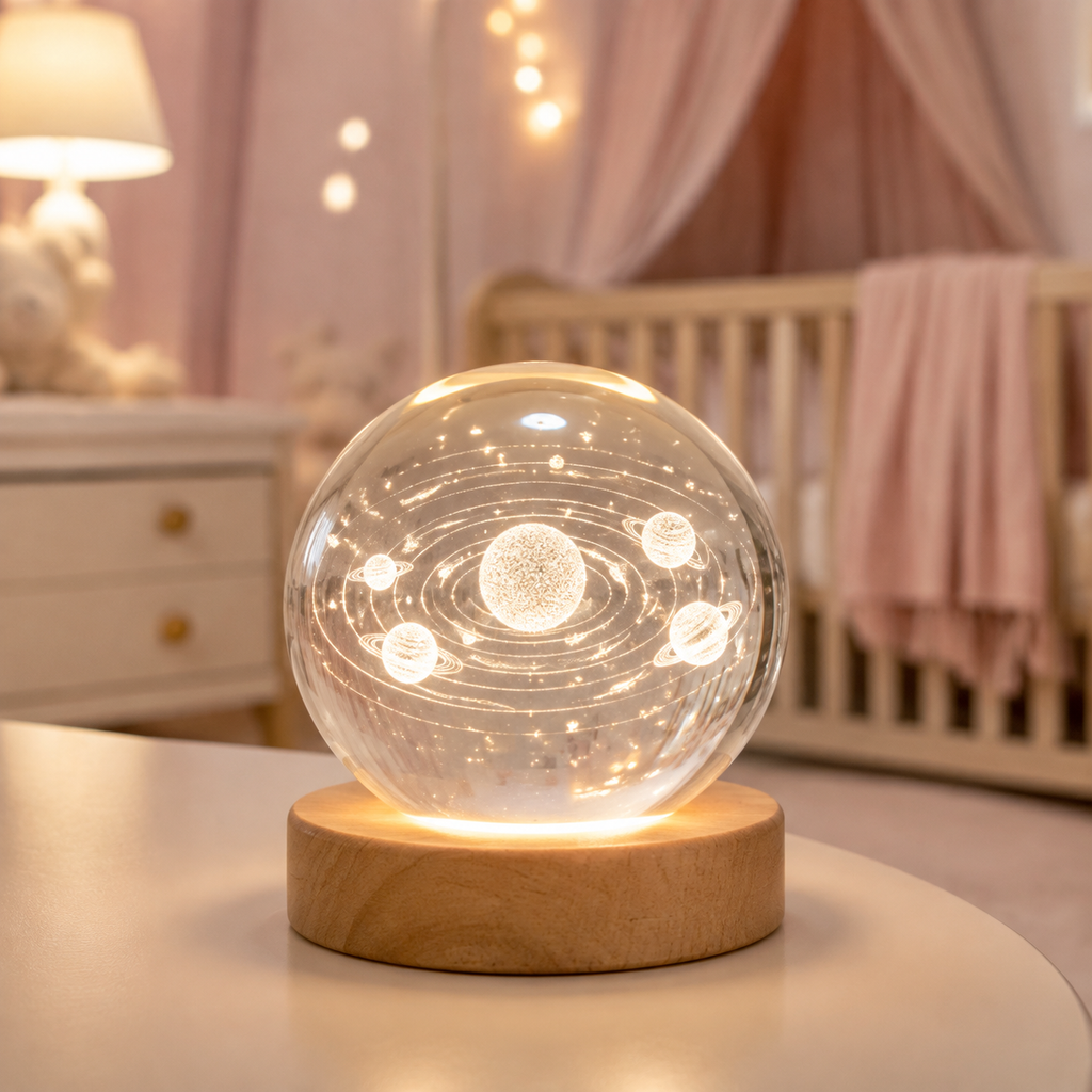 Veilleuse boule de cristal système solaire dans une chambre de bébé