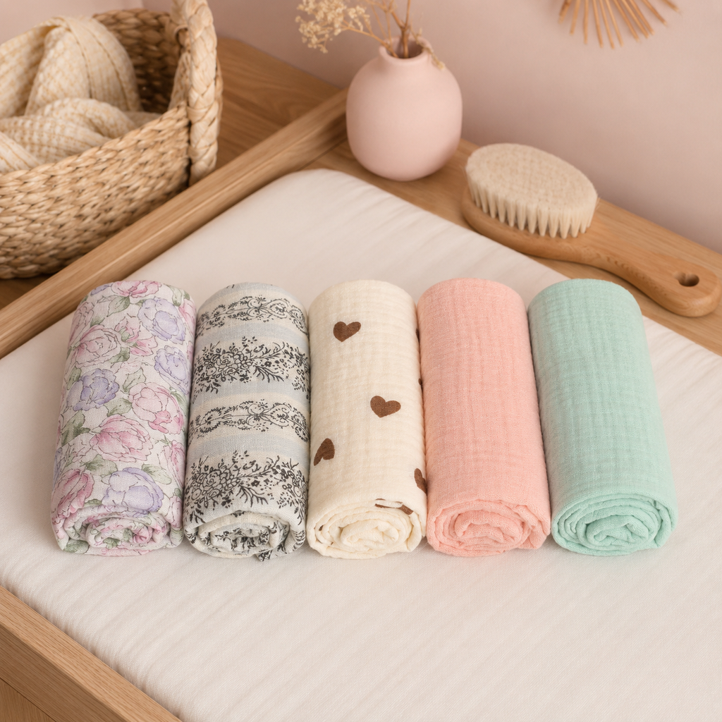 Lot de lingettes bébé fleurs et cœurs sur une table à langer