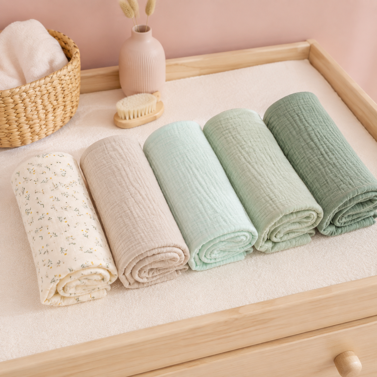 Lot de linges bébé tons verts sur une table à langer