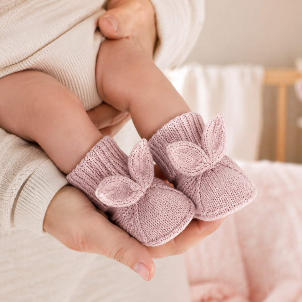 Chaussons lapin rose poudré portés par un bébé