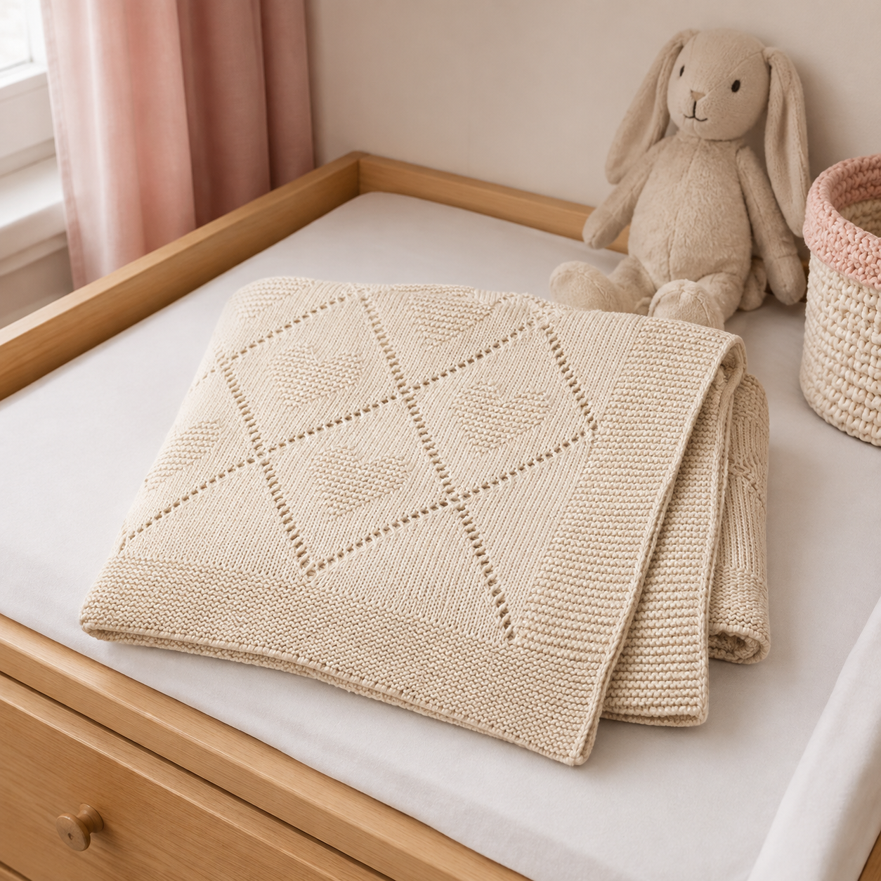Couverture bébé beige crème en maille pliée sur une table à langer