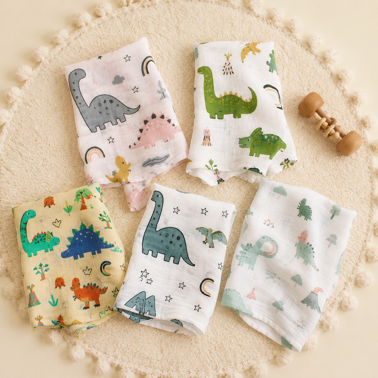 Cinq langes bébé à motifs dinosaures présentés à plat