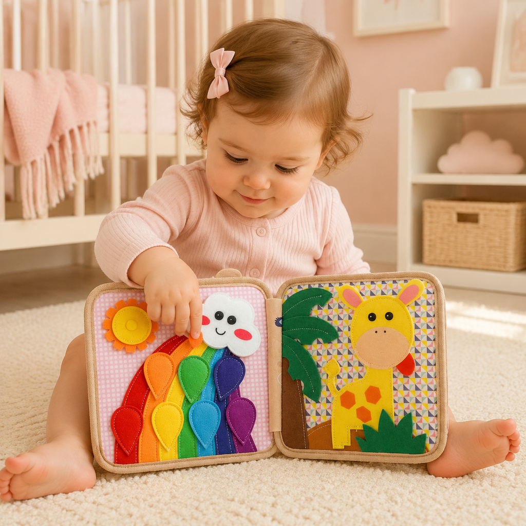 Bébé découvrant les couleurs du livre d’activités en tissu