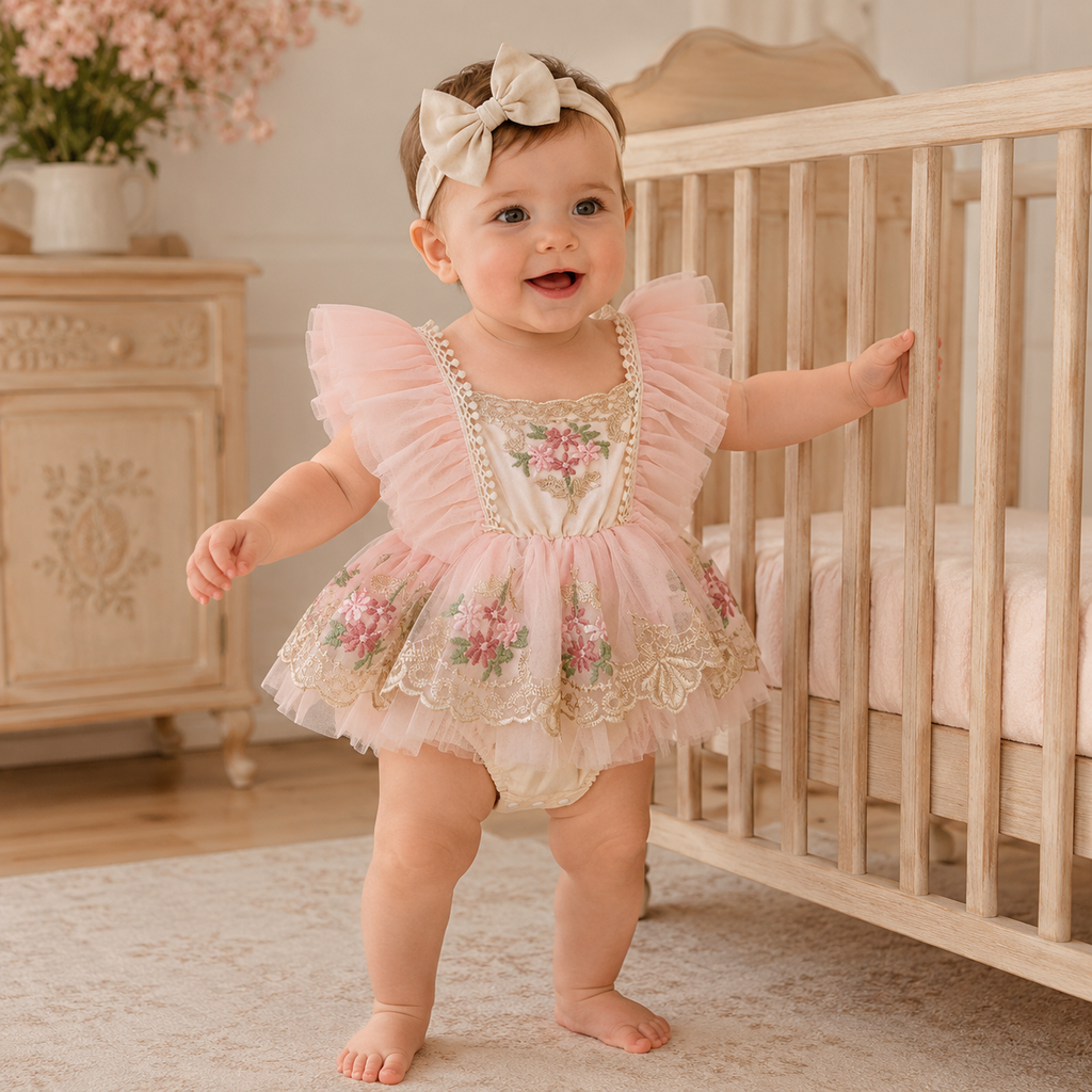 Robe body fleurie rose portée par un bébé debout