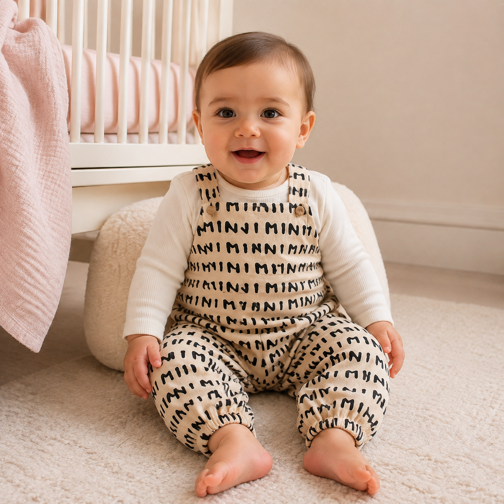 Bébé portant la salopette beige à motif noir