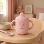 Tasse d’apprentissage bébé rose personnalisée motif éléphant