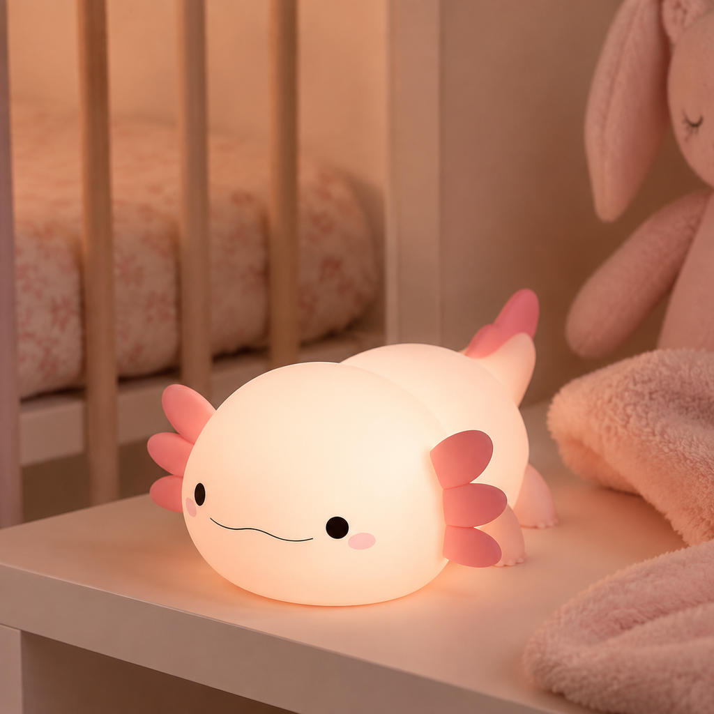 Veilleuse axolotl allumée près du lit de bébé