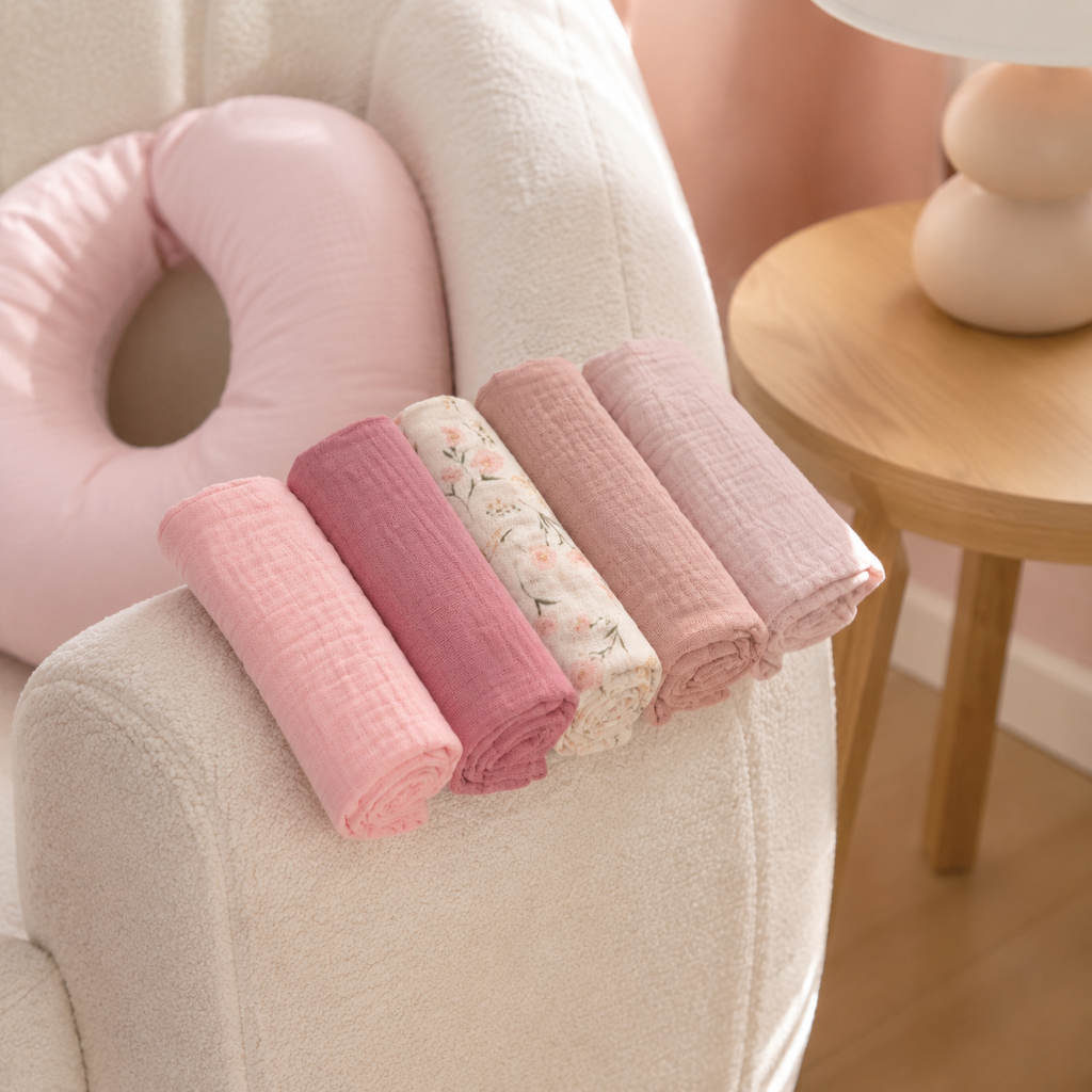 Lot de linges bébé tons roses sur un fauteuil d’allaitement