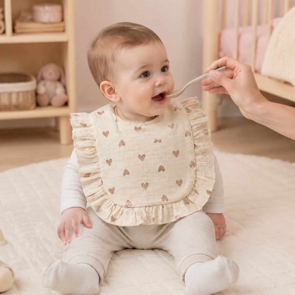 Bébé portant un bavoir à volants motif cœurs