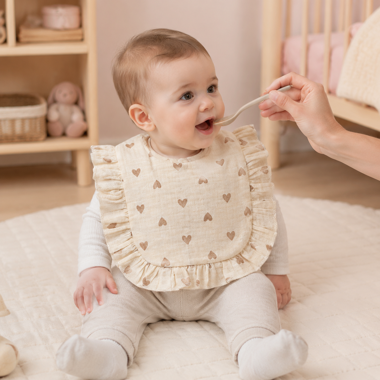 Bébé portant un bavoir à volants motif cœurs