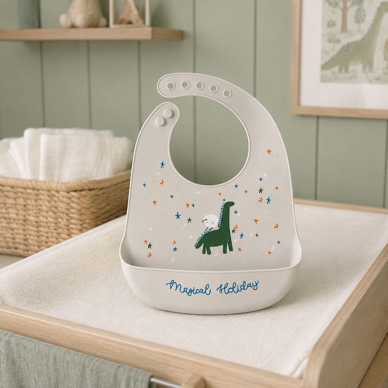 Bavoir bébé en silicone beige motif dinosaure et étoiles