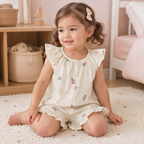 Enfant assise portant la blouse et le short fleuris ivoire