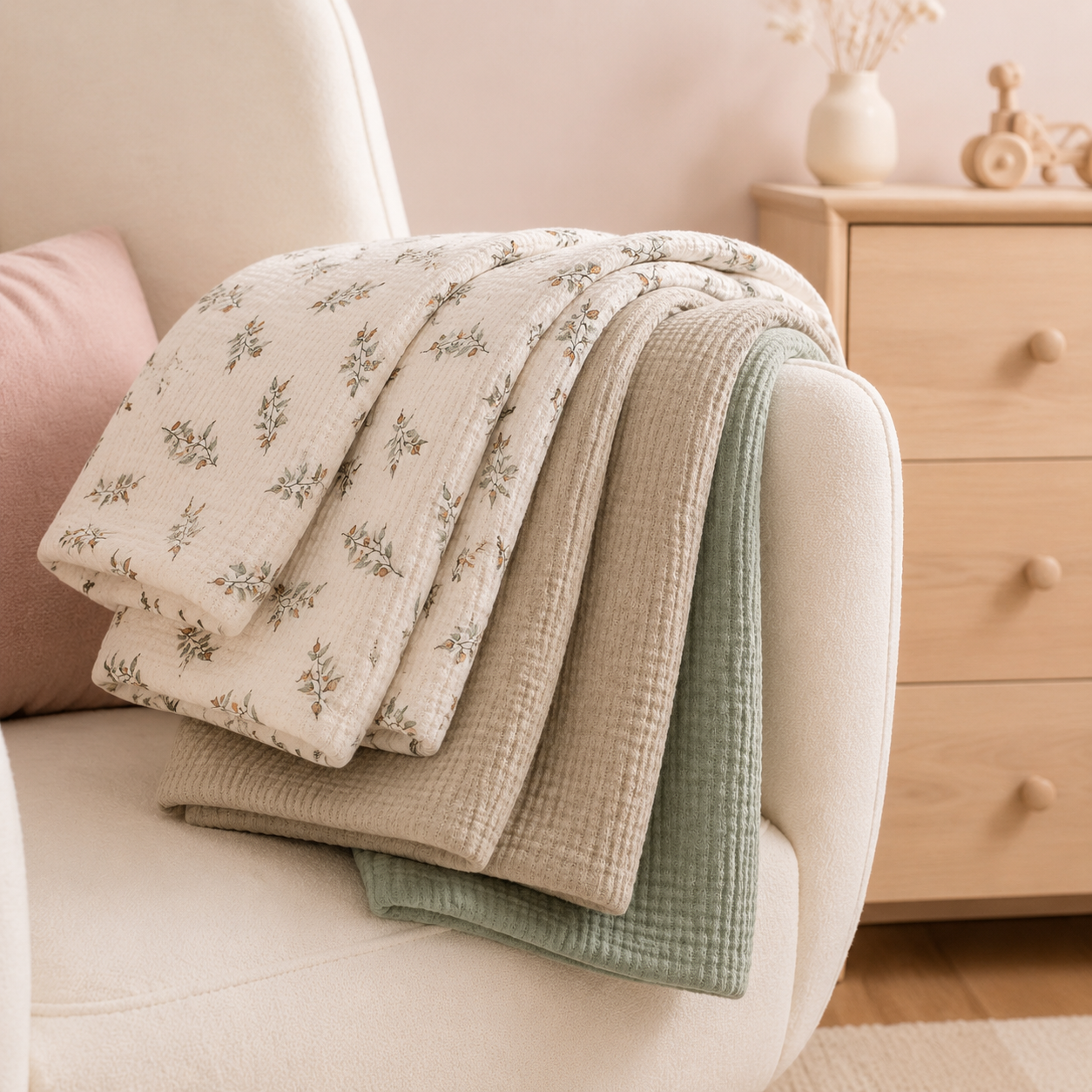 Lot de couvertures bébé Jardin sauge sur un fauteuil d’allaitement