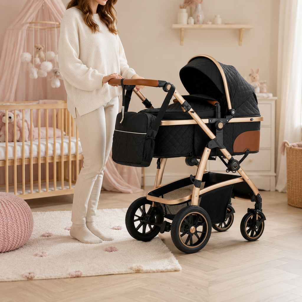 Poussette 3-en-1 noire en configuration nacelle dans une chambre de bébé