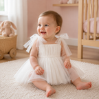 Robe body blanche à jupe en tulle portée par un bébé