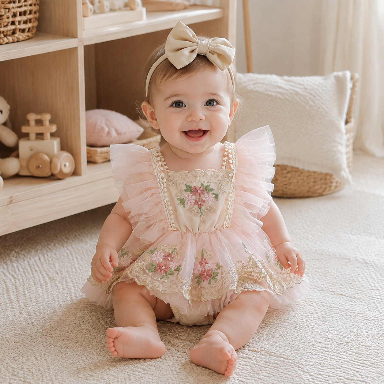 Bébé assise portant la robe body fleurie avec bandeau