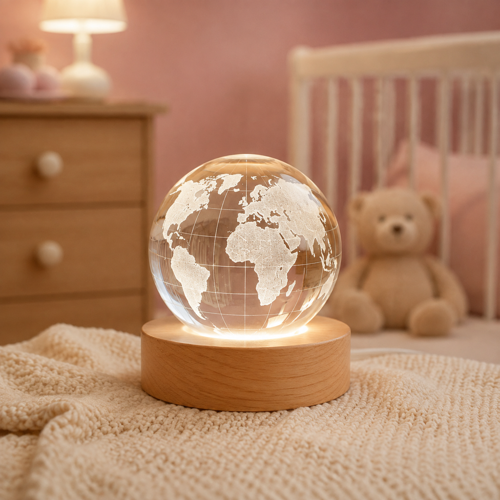 Veilleuse boule de cristal Terre sur une commode de chambre de bébé