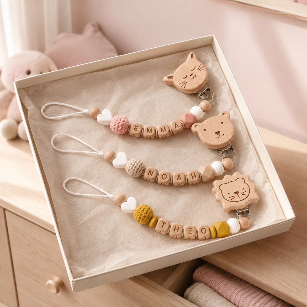 Attaches-tétines personnalisées animaux présentées en coffret cadeau