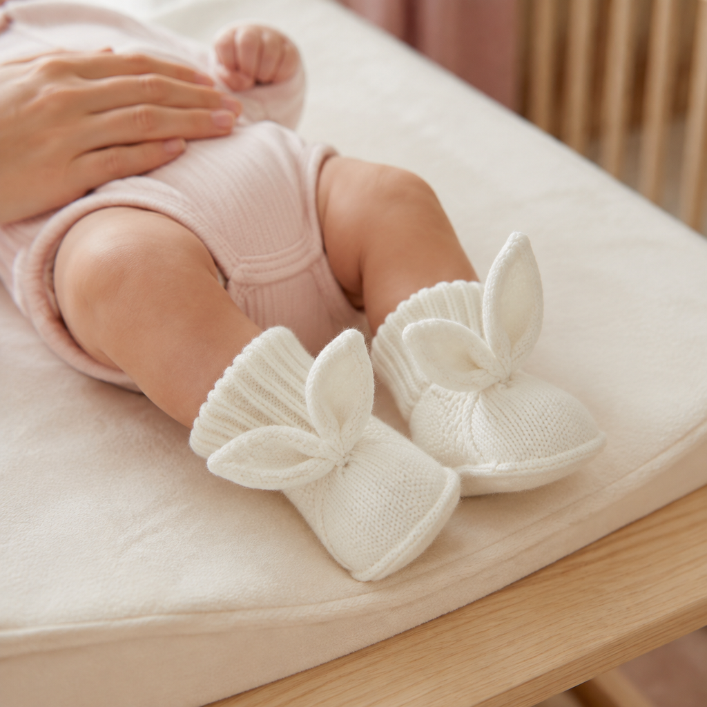 Chaussons lapin ivoire portés par un bébé sur la table à langer