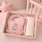 Bavoir bébé rose personnalisé motif licorne en coffret