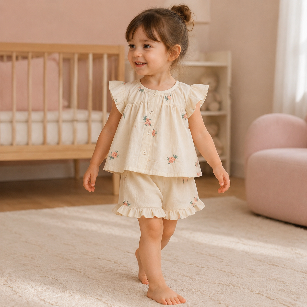Petite fille en mouvement avec l’ensemble fleuri d’été