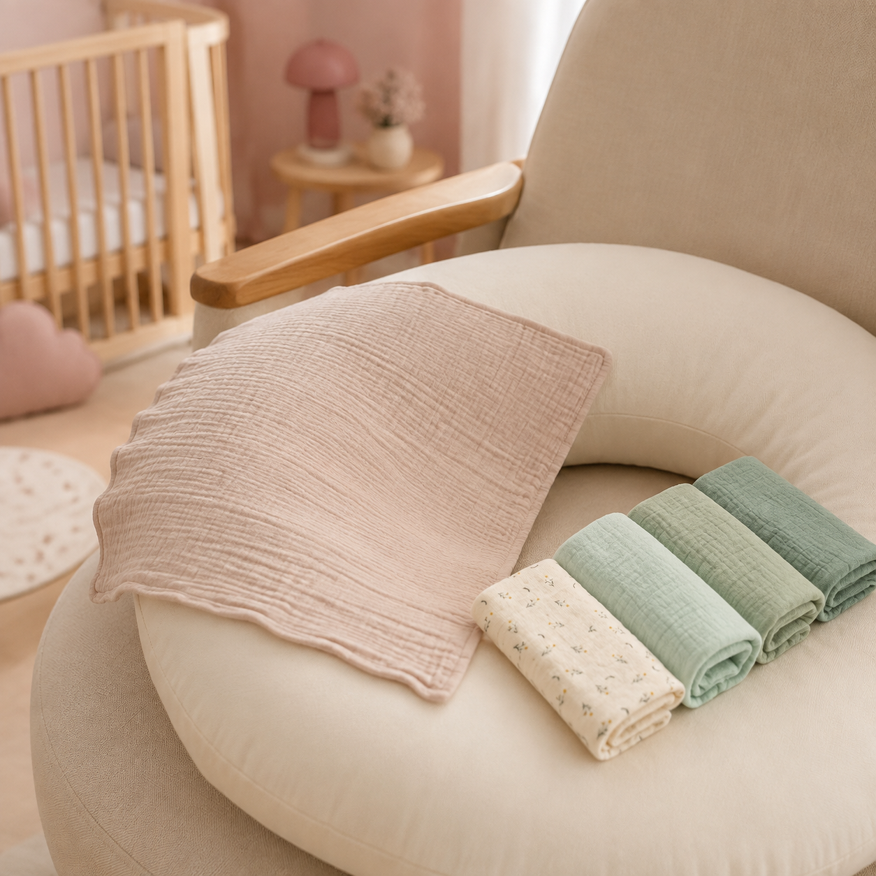 Linges bébé en gaze dans un coin allaitement
