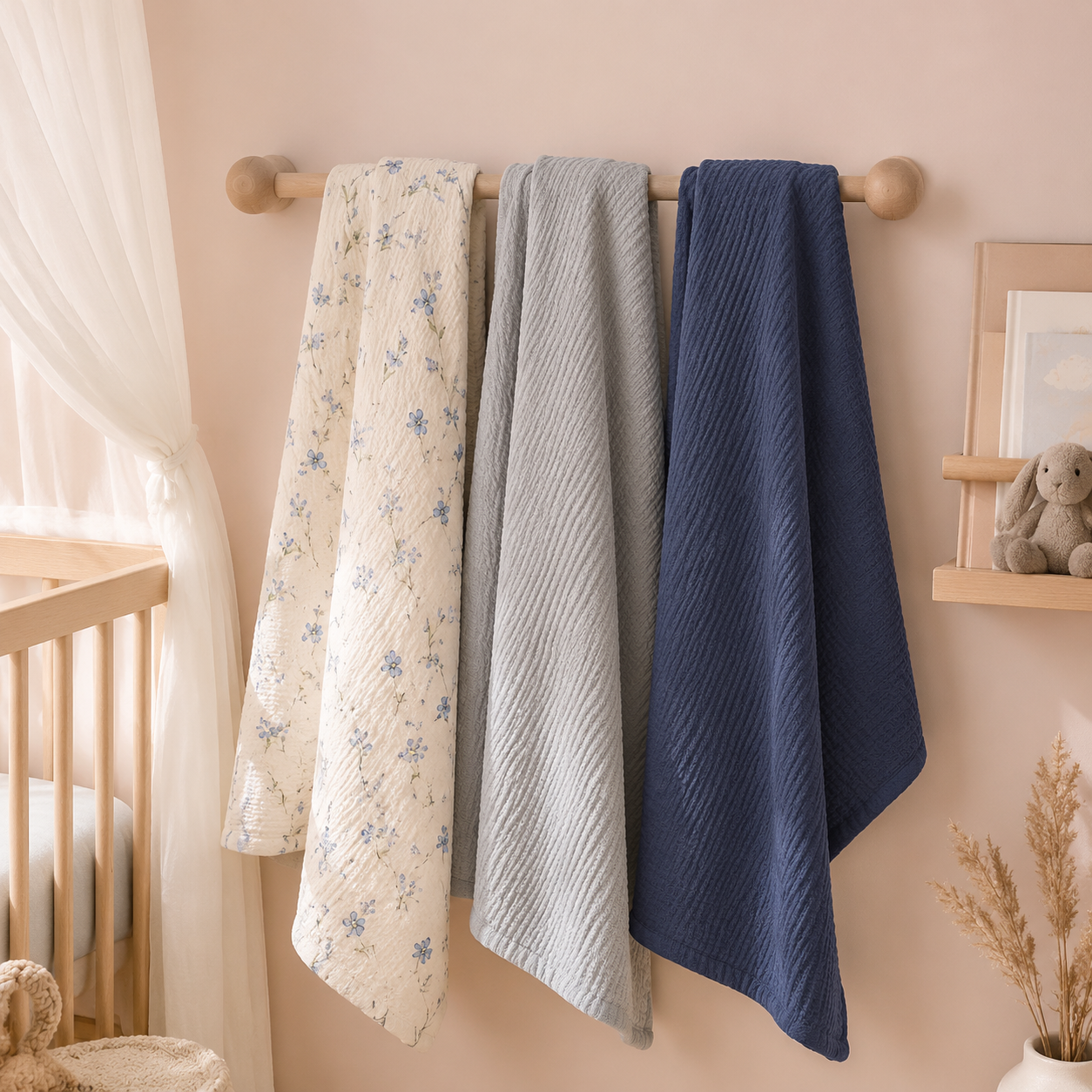 Lot de couvertures bébé Prairie bleue dans une chambre bébé