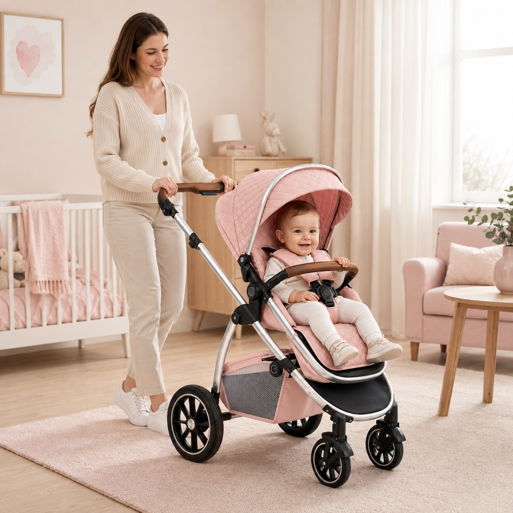 Bébé attaché dans la poussette 3-en-1 rose poudré