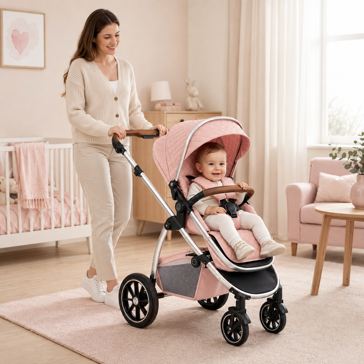Bébé attaché dans la poussette 3-en-1 rose poudré
