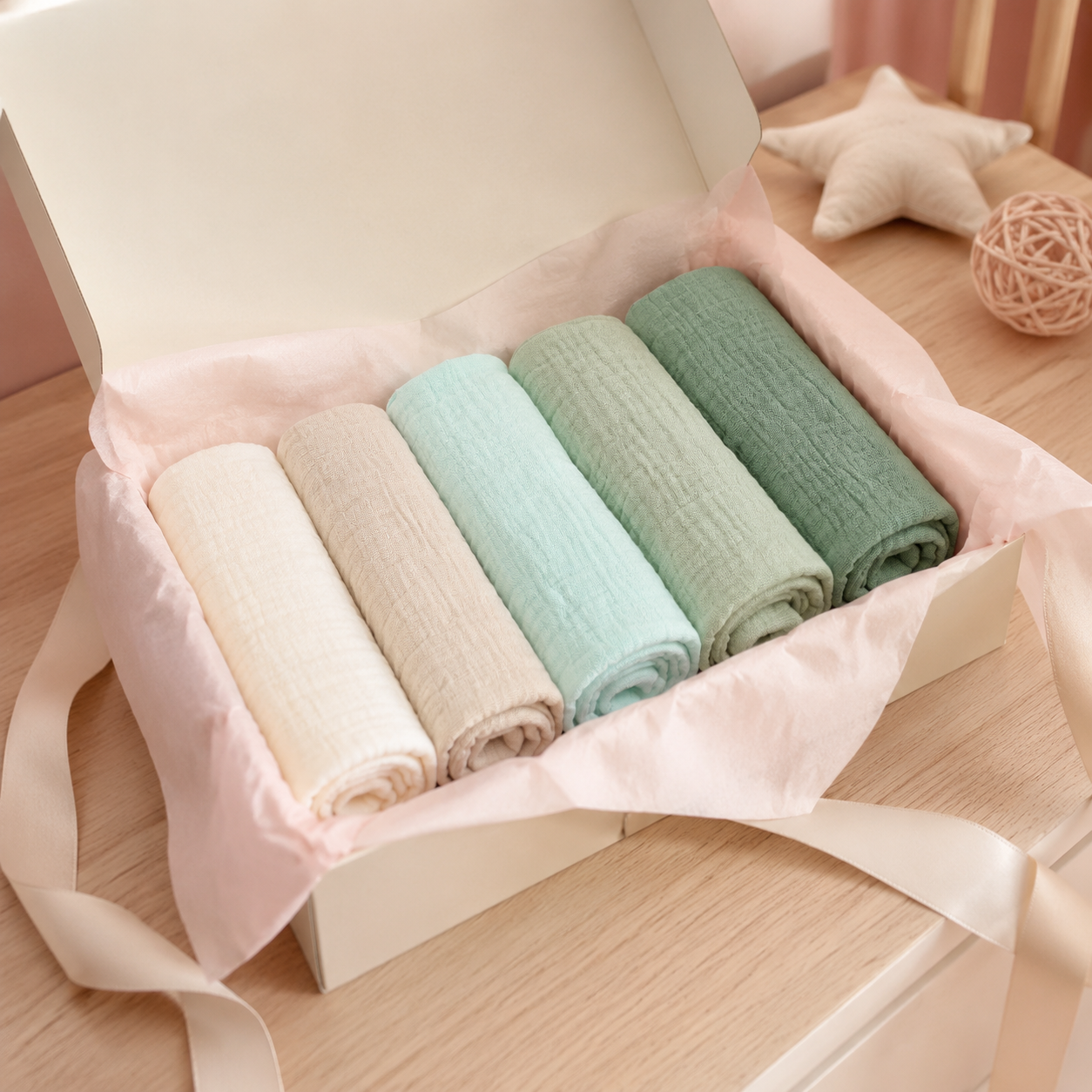 Lot de lingettes bébé vertes présenté en coffret naissance
