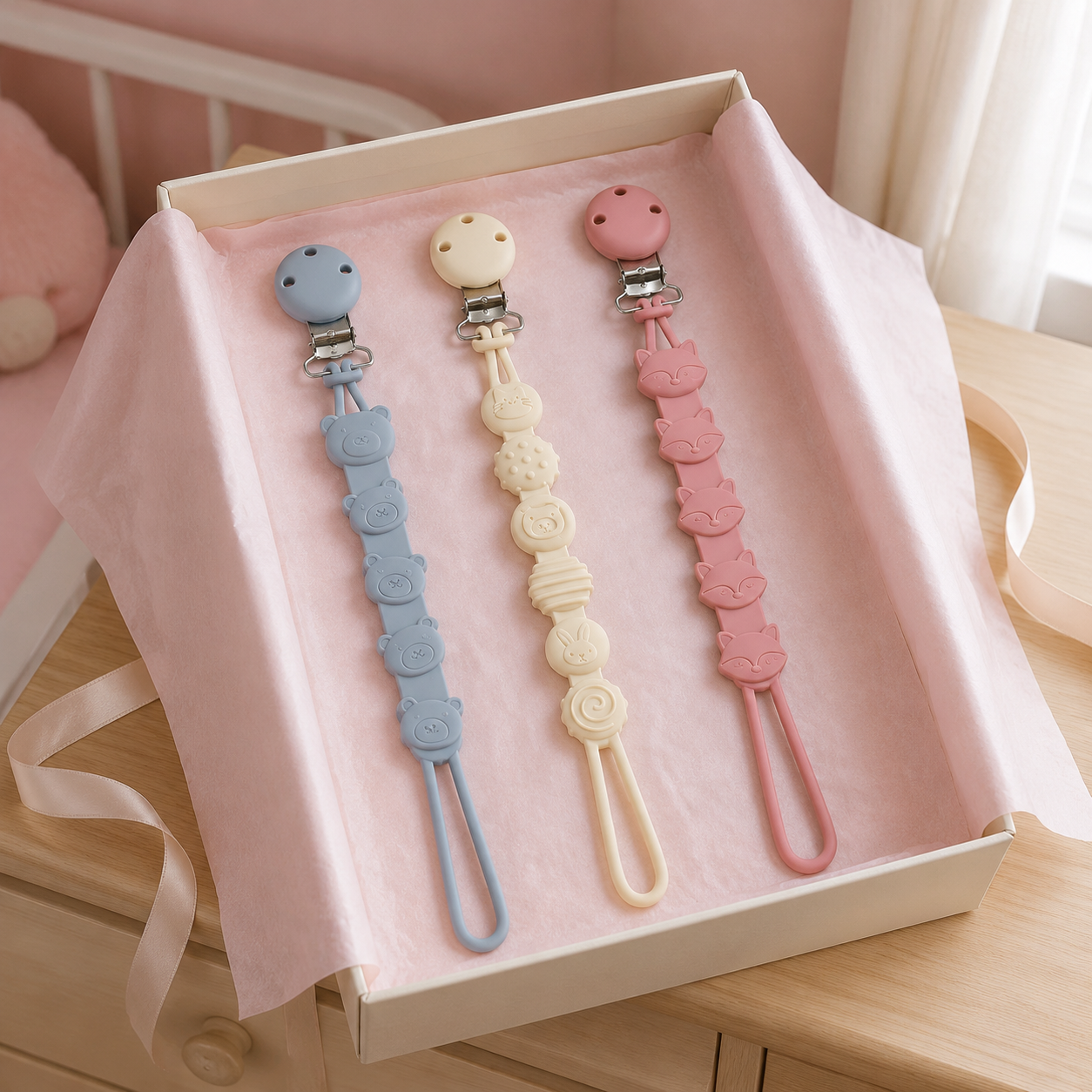 Attaches-tétine animaux en silicone présentées en cadeau de naissance