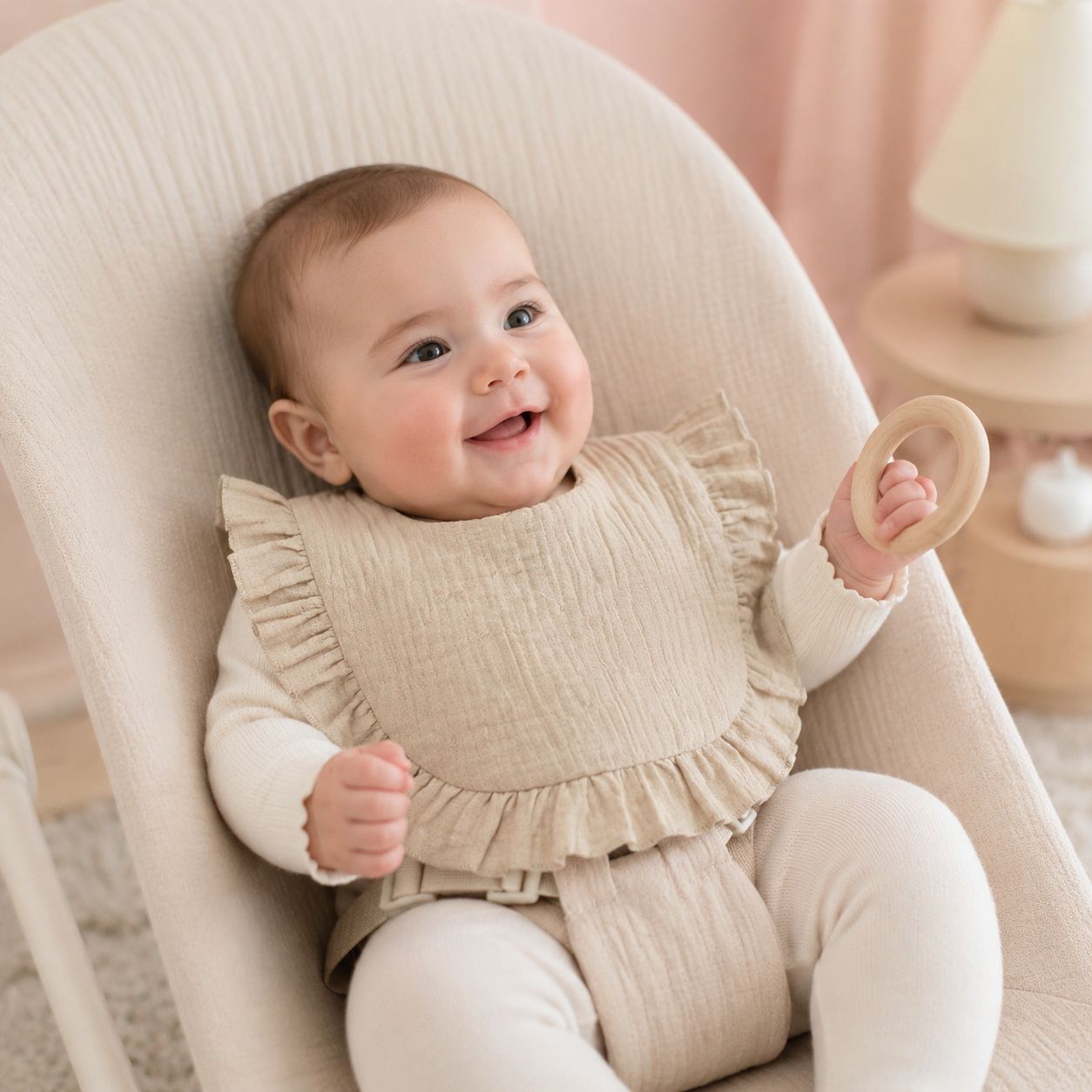 Bébé en transat portant un bavoir uni à volants