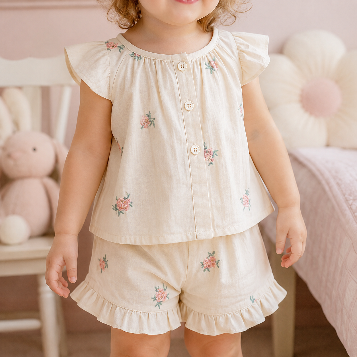 Détails de la blouse brodée et du short à volants