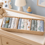 Langes bébé organisés dans un panier sur une commode
