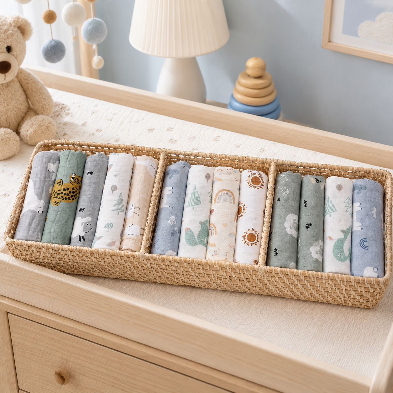 Langes bébé organisés dans un panier sur une commode
