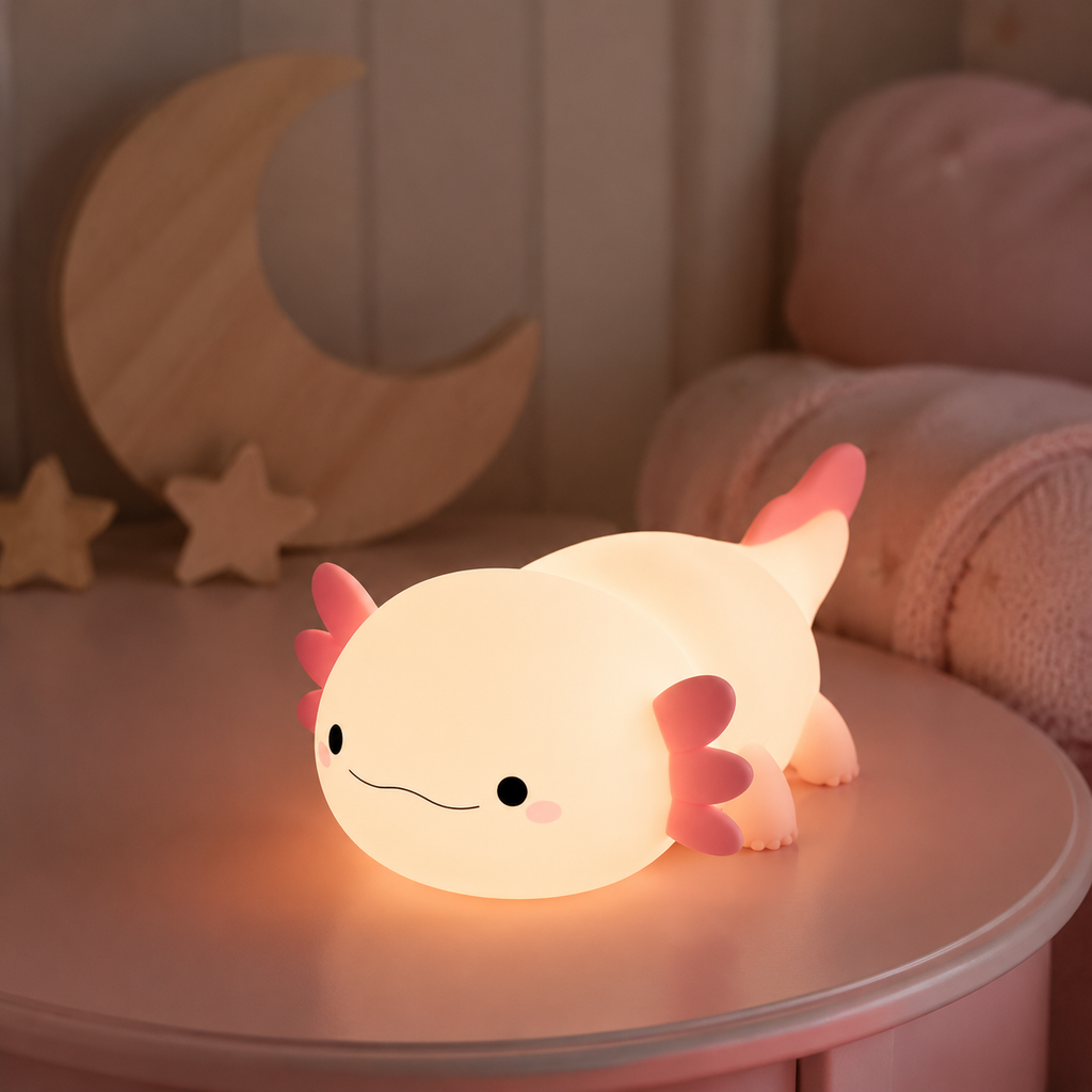 Veilleuse axolotl diffusant une lumière douce dans la chambre bébé